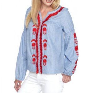 crown & ivy embroidered fringe top w/ puff sleeves